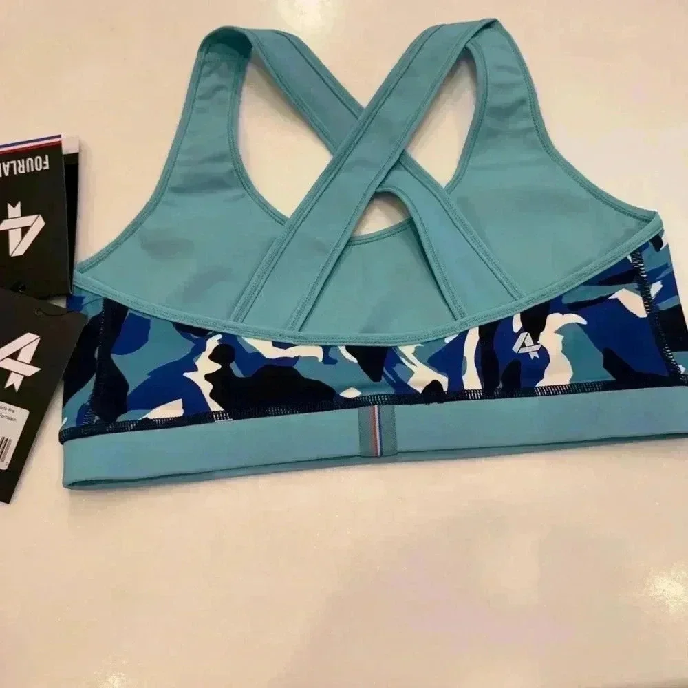 Fourlaps infinity sports bra teal, black & white camo racer back size medium